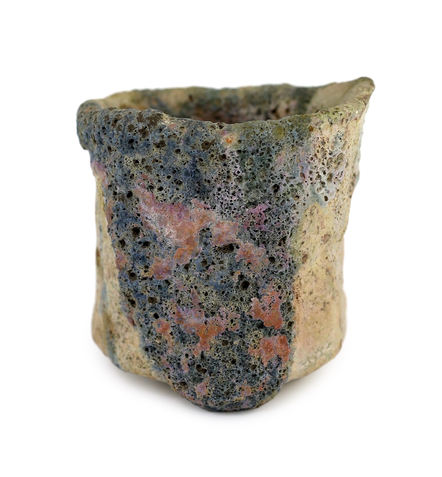 Ewen Henderson (1934-2000), a hand-built mixed laminated clay unomi, 9.7cm across 10cm high